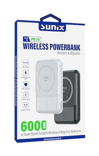 Sunix Pb29 6000 mAh Hızlı Şarj Mıknatıslı Micro Type C - USB Powerbank Siyah