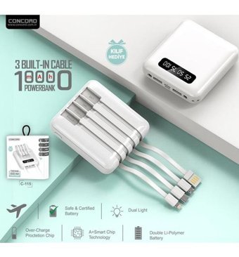 Concord C115 10000 mAh Micro Lightning - Type C - USB Powerbank Beyaz
