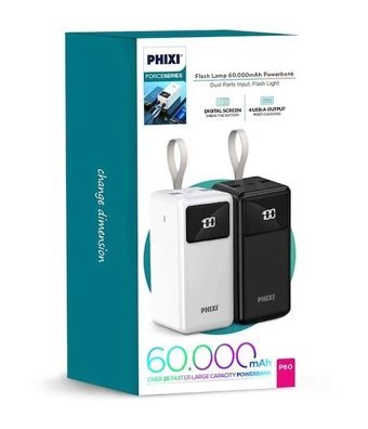Phixi Force P60 60000 mAh Hızlı Şarj Mini USB Powerbank Siyah