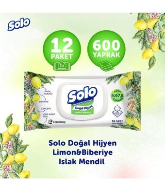 Solo Doğal Hijyen Elma Sirkesi ve Karbonat 50 Yaprak 12'li Islak Mendil