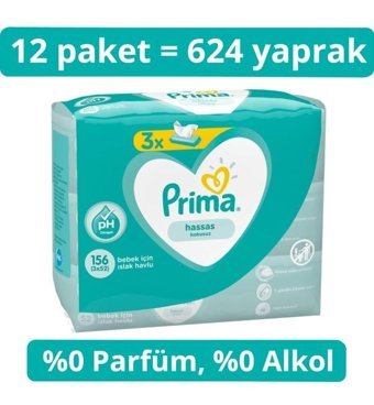 Prima Hassas Ciltler 52 Yaprak 12'li Islak Mendil