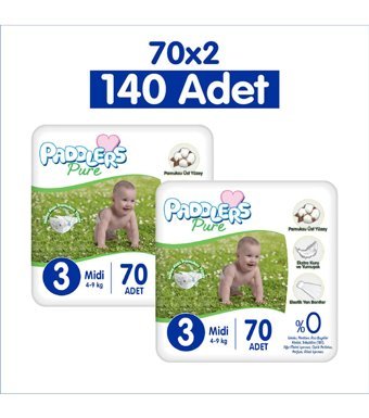 Paddlers Pure 3 Numara Cırtlı Bebek Bezi 2x70 Adet