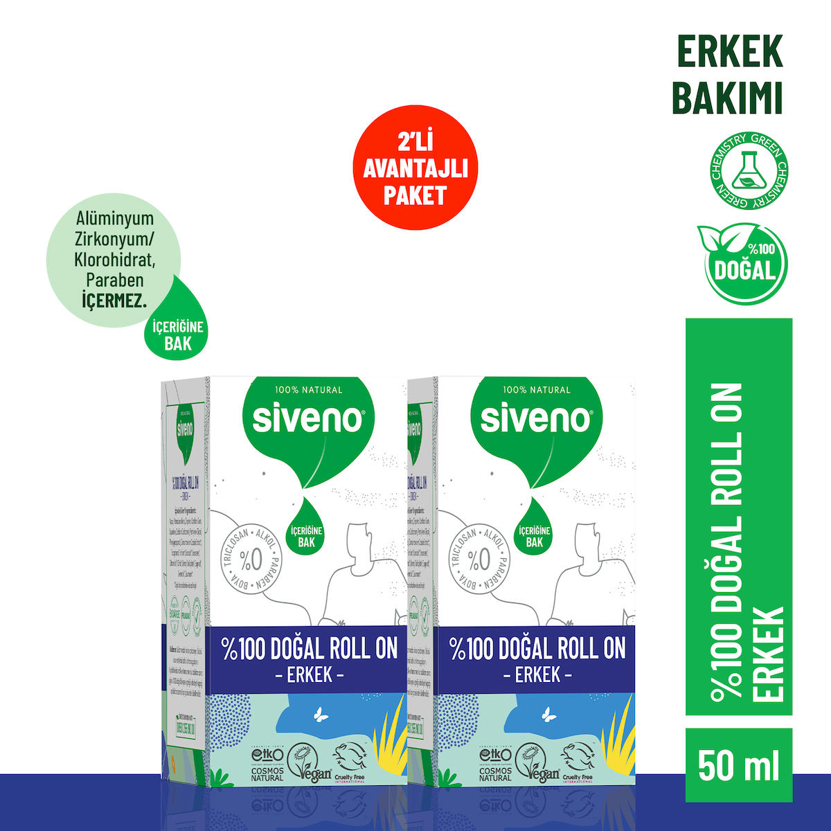 Siveno Leke Bırakmayan Ter Önleyici Organik Antiperspirant Roll-On Erkek Deodorant 2x50 ml