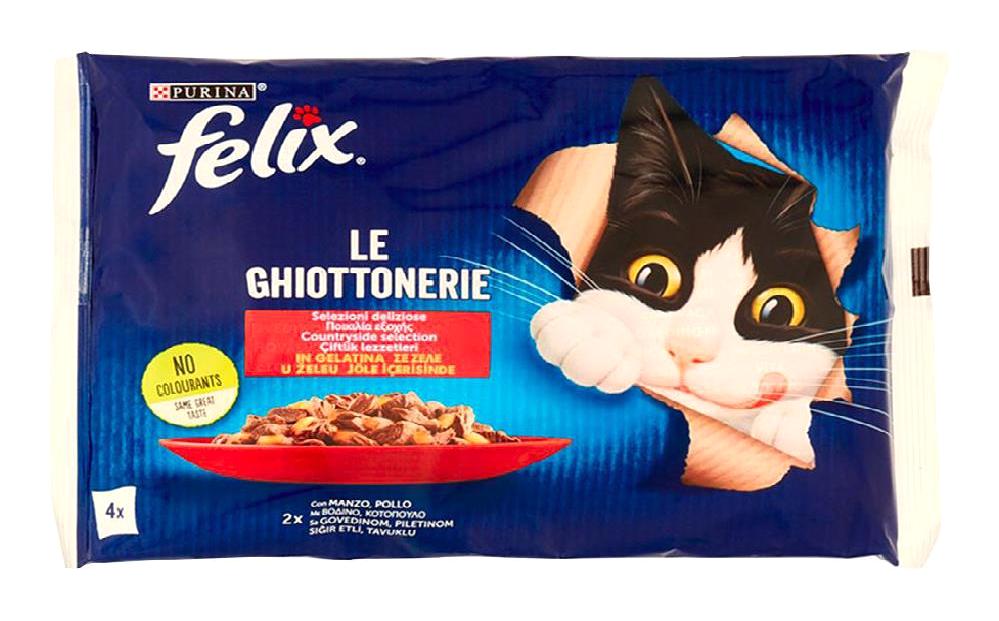 Purina Felix Le Ghiottonerio Tavuk Sığır Eti Parça Etli Soslu Yetişkin Yaş Kedi Maması 4x85 gr