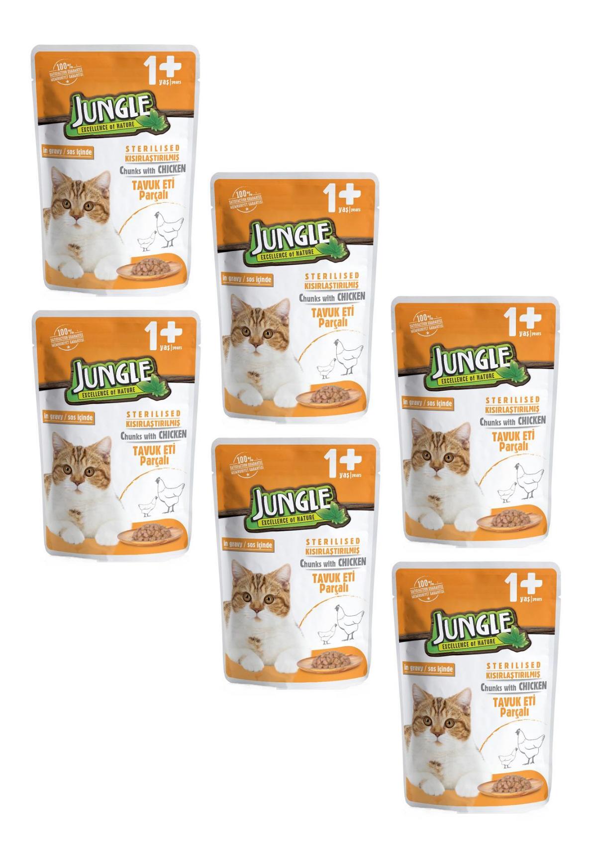 Jungle Pouch Kısırlaştırılmış Tavuk Soslu Yetişkin Yaş Kedi Maması 6x100 gr