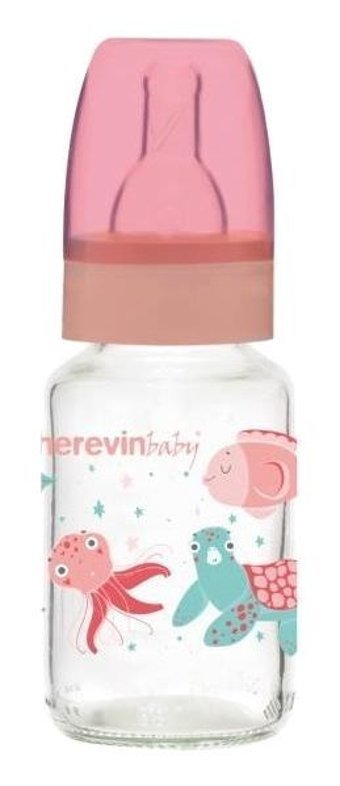 Herevin Silikon Gaz Yapmayan Antikolik Yenidoğan Yavaş Akışlı 0-6 Ay Desenli Pembe Biberon 125 ml