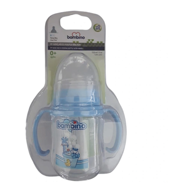 Bambino Silikon Yenidoğan Yavaş Akışlı Kulplu 0-6 Ay Desenli Mavi Biberon 150 ml