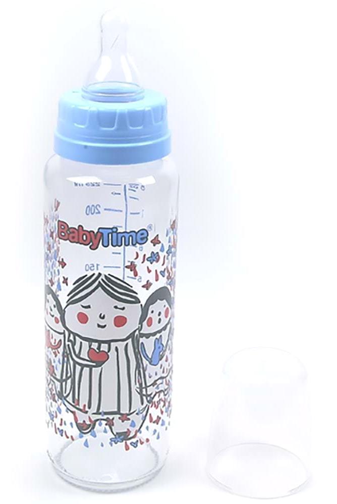 Baby Time Silikon Kiraz Uçlu Silikon Gaz Yapmayan Antikolik Yavaş Akışlı 0-18 Ay Desenli Mavi Biberon 250 ml