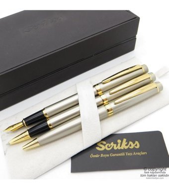 Scrikss 38 3'lü Set Deri Saten Altın Dolma Kalem