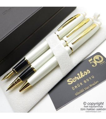 Scrikss 35 3'lü Set Beyaz Altın Deri Dolma Kalem
