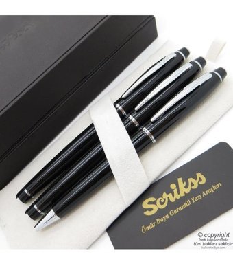 Scrikss 35 3'lü Set Siyah Ahşap Deri Kutulu Dolma Kalem