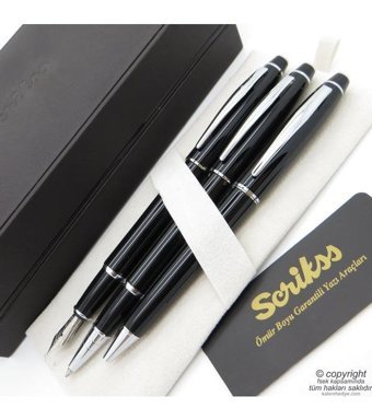 Scrikss 35 3'lü Set Siyah Ahşap Deri Kutulu Dolma Kalem