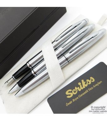 Scrikss 88 3'lü Set Krom Ahşap Deri Kutulu Dolma Kalem