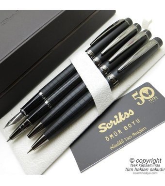 Scrikss 38 4'lü Set Mat Siyah Ahşap Deri Kutulu Dolma Kalem
