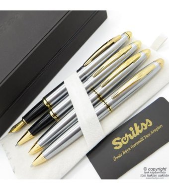 Scrikss 88 4'lü Set Gold Krom Deri Dolma Kalem