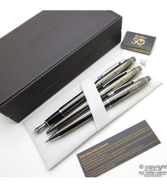 Scrikss 35 3'lü Set Titanium Ahşap Deri Kutulu Dolma Kalem