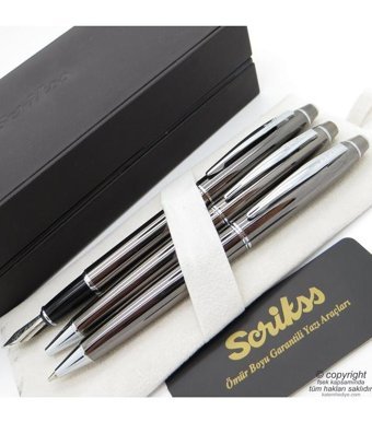 Scrikss 35 3'lü Set Titanium Ahşap Deri Kutulu Dolma Kalem