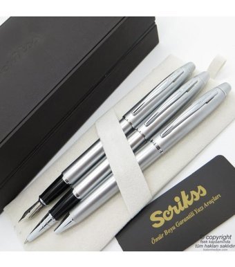 Scrikss 35 3'lü Set Mat Krom Ahşap Deri Kutulu Dolma Kalem