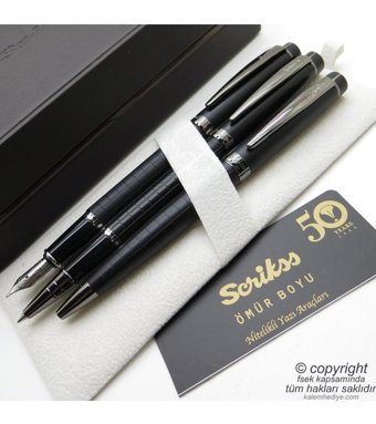 Scrikss 38 3'lü Set Mat Siyah Ahşap Deri Kutulu Dolma Kalem