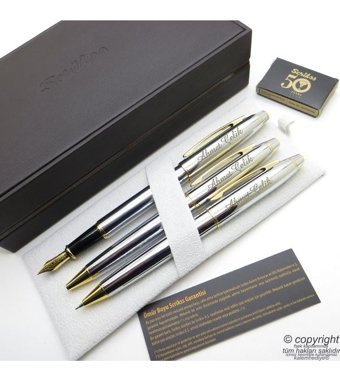 Scrikss 35 3'lü Set Gold Krom Ahşap Deri Kutulu Dolma Kalem