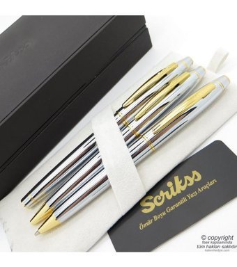 Scrikss 35 3'lü Set Gold Krom Ahşap Deri Kutulu Dolma Kalem