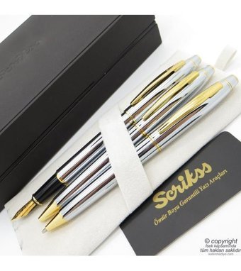 Scrikss 35 3'lü Set Gold Krom Ahşap Deri Kutulu Dolma Kalem