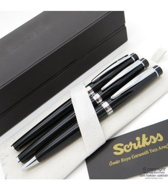Scrikss 38 3'lü Set Siyah Krom Ahşap Deri Kutulu Dolma Kalem