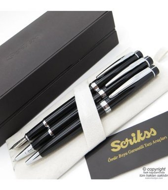 Scrikss 38 3'lü Set Siyah Krom Ahşap Deri Kutulu Dolma Kalem