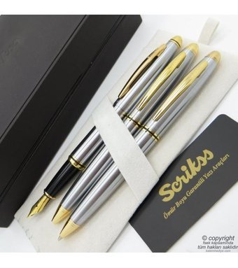 Scrikss 88 3'lü Set Gold Krom Ahşap Deri Kutulu Dolma Kalem