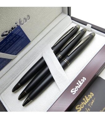 Scrikss 88 3'lü Set Mat Siyah Deri Dolma Kalem