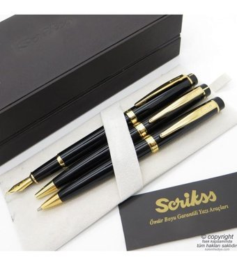 Scrikss 38 3'lü Set Siyah Altın Deri Dolma Kalem