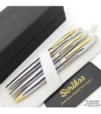 Scrikss 35 3'lü Set Gold Krom Deri Dolma Kalem