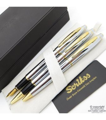 Scrikss 35 3'lü Set Gold Krom Deri Dolma Kalem