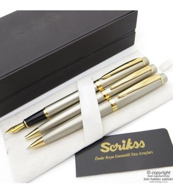 Scrikss 38 3'lü Set Saten Altın Deri Dolma Kalem