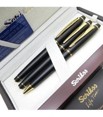 Scrikss 35 3'lü Set Mat Siyah Altın Ahşap Deri Kutulu Kal Dolma Kalem