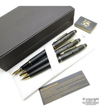 Scrikss 35 3'lü Set Mat Siyah Altın Deri Kal Dolma Kalem