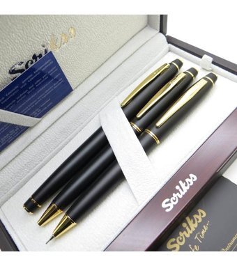 Scrikss 35 3'lü Set Mat Siyah Altın Deri Kal Dolma Kalem