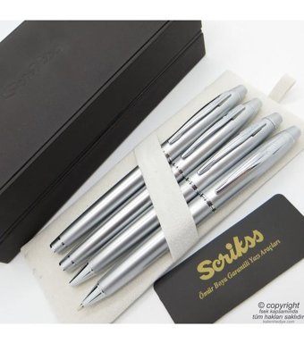 Scrikss 35 4'lü Set Mat Krom Ahşap Deri Kutulu Dolma Kalem