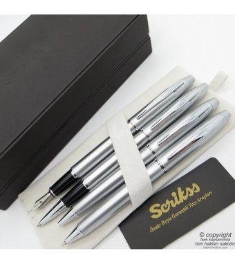 Scrikss 35 4'lü Set Mat Krom Ahşap Deri Kutulu Dolma Kalem