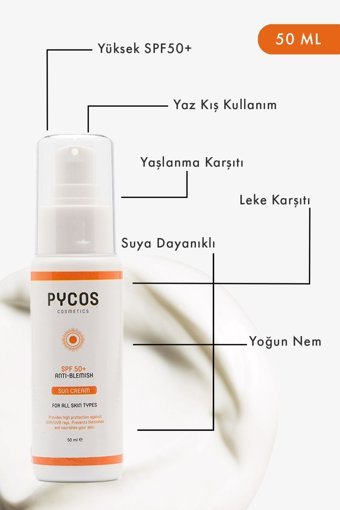Pycos Cosmetics 50 Faktör Tüm Ciltler İçin Leke Karşıtı Nemlendirici Suya Dayanıklı Yüz ve Vücut Güneş Kremi 50 ml