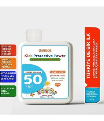 Organische Kids Protective Power 50 Faktör Tüm Ciltler İçin Leke Karşıtı Nemlendirici Yağsız Suya Dayanıklı Yüz ve Vücut Güneş Kremi 100 ml