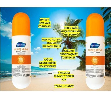 Egenatura 50 Faktör Tüm Ciltler İçin Leke Karşıtı Nemlendirici Yağsız Suya Dayanıklı Yüz ve Vücut Güneş Kremi 2x200 ml