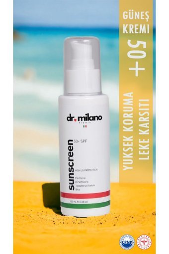 Dr Milano Premio 50 Faktör Tüm Ciltler İçin Leke Karşıtı Nemlendirici Yağsız Suya Dayanıklı Yüz ve Vücut Güneş Kremi 50 ml