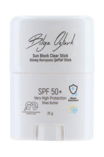 Bilge Öztürk Sun Block Stick Şeffaf 50 Faktör Tüm Ciltler İçin Leke Karşıtı Nemlendirici Yağsız Suya Dayanıklı Yüz ve Vücut Güneş Kremi 25 ml