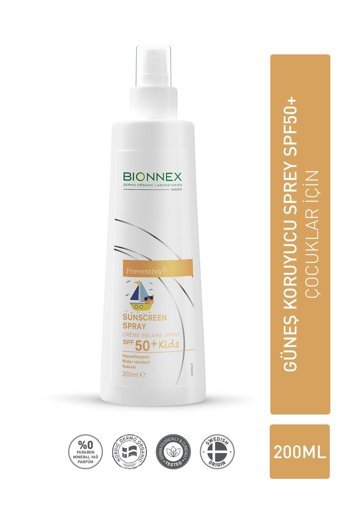 Bionnex Kids 50 Faktör Tüm Ciltler İçin Leke Karşıtı Nemlendirici Yağsız Suya Dayanıklı Yüz ve Vücut Güneş Kremi 200 ml