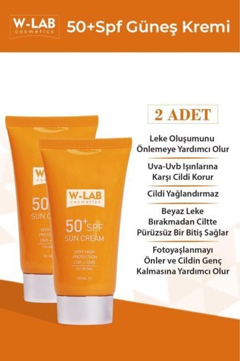 W-Lab Kozmetik 50 Faktör Tüm Ciltler İçin Nemlendirici Suya Dayanıklı Yüz Güneş Kremi 2x50 ml