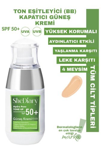 Shediary Hydra Pone Renkli 50 Faktör Tüm Ciltler İçin Leke Karşıtı Nemlendirici Yaşlanma Karşıtı Aydınlatıcı Yağsız Suya Dayanıklı Yüz ve Vücut Güneş Kremi 50 ml