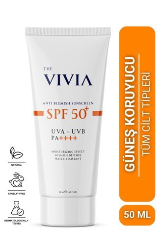 The Vivia 50 Faktör Tüm Ciltler İçin Leke Karşıtı Nemlendirici Suya Dayanıklı Yüz ve Vücut Güneş Kremi 50 ml