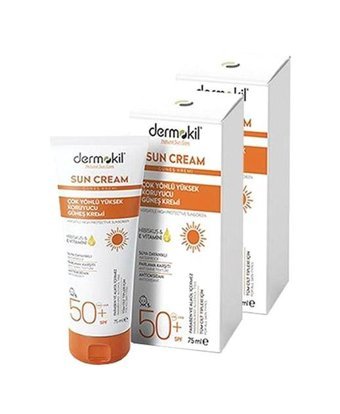 Dermokil Sun Cream 50 Faktör Tüm Ciltler İçin Leke Karşıtı Nemlendirici Yağsız Suya Dayanıklı Yüz ve Vücut Güneş Kremi 2x75 ml