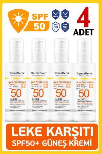 Dermaderm 50 Faktör Tüm Ciltler İçin Leke Karşıtı Nemlendirici Yağsız Suya Dayanıklı Yüz ve Vücut Güneş Kremi 4x100 ml